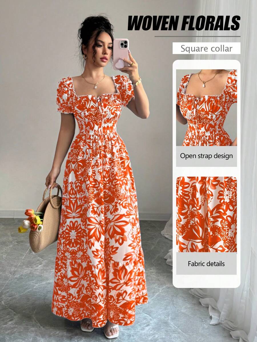 Elenzga New Women's Floral Print Bubble Sleeve Front Tie Back Drawstring Waist Long Casual Vacation Date Dress, Elegant And Graceful - Orange - View 1