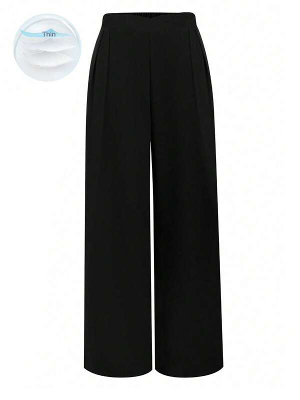 SHEIN Tall Plus Size Women Elastic Waist Versatile Casual Straight Leg Wide Leg Pants