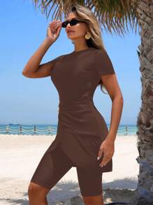 Swim Mulvari 全新夏季女式圆领短袖连衣裙，荷叶边下摆和海星装饰 + 纯色休闲度假 5 分钟短裤比基尼套装 - 棕色 - 查看 7