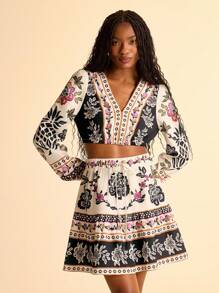 CAJUNI 女式波西米亚风复古热带花卉印花夏季假日休闲系腰荷叶边迷你裙，适合约会、野餐 - 彩色 - 查看 4