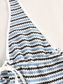 Amplova Deep V-Neck Halter Backless Tie Waist Striped Mini Shorts 2 Pieces Set - Blue - View 3
