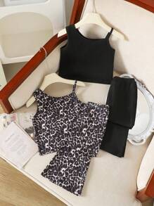 4pcs/Set Young Girl' Vacation Casual Leopard Print Match Solid Color Vest & Wide Leg Pants Outfit