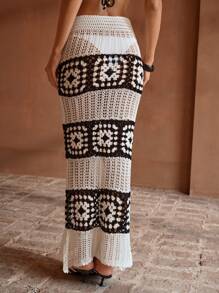 MOTF PREMIUM CROCHET MERMAID HEM COVER UP SKIRT FOR SUMMER BEACH VACATION - Black and White - View 2