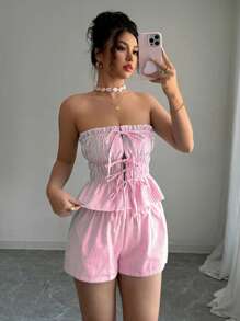 Elenzga 2pcs Set: Blue Striped Ruffle Hem Tie Front Crop Top + Elastic Waist Shorts, Suitable For Summer Vacation - Pink - View 7