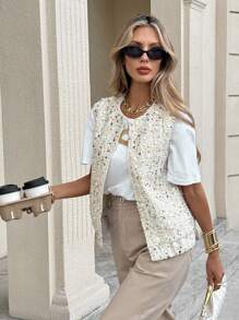 Serisse 时尚无袖亮片女式夹克，适合日常休闲通勤 - 杏色 - 查看 5