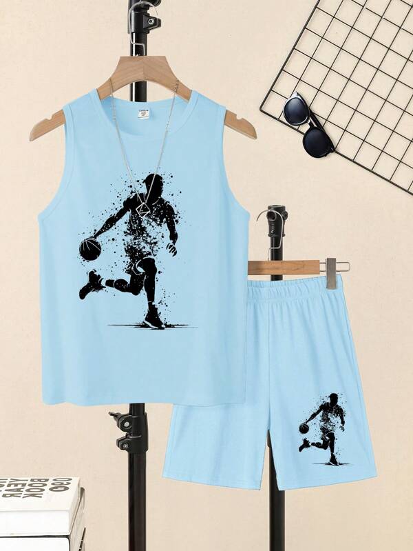 2 Stücke Lässig Minimalist Rundhals Tanktop und Shorts Set für Tween Jungen, geeignet für den Sommer