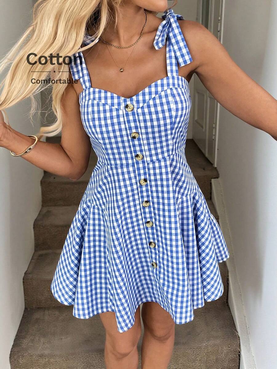 Easowa Women's Casual Tie Strap Bow Shoulder Padded Bust Cinched Waist Multi-Layer Flared Hem Button Front Jumper Dress, Plaid Pattern, Elegant Vacation Street Style Mini Dress - Blue and White - View 1