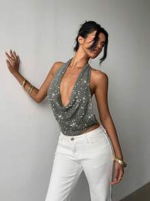 Aloruh 欧式 V 领露背短款上衣，纯色，时尚，合身，百搭 - 深灰色 - 查看 7