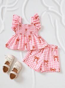 SHEIN 2pcs/Set Baby Girl Summer&Autumn Cure Casual Style Set ,Bowknot-Shape Printing Sleeveless Top&Shorts - Pink - View 1