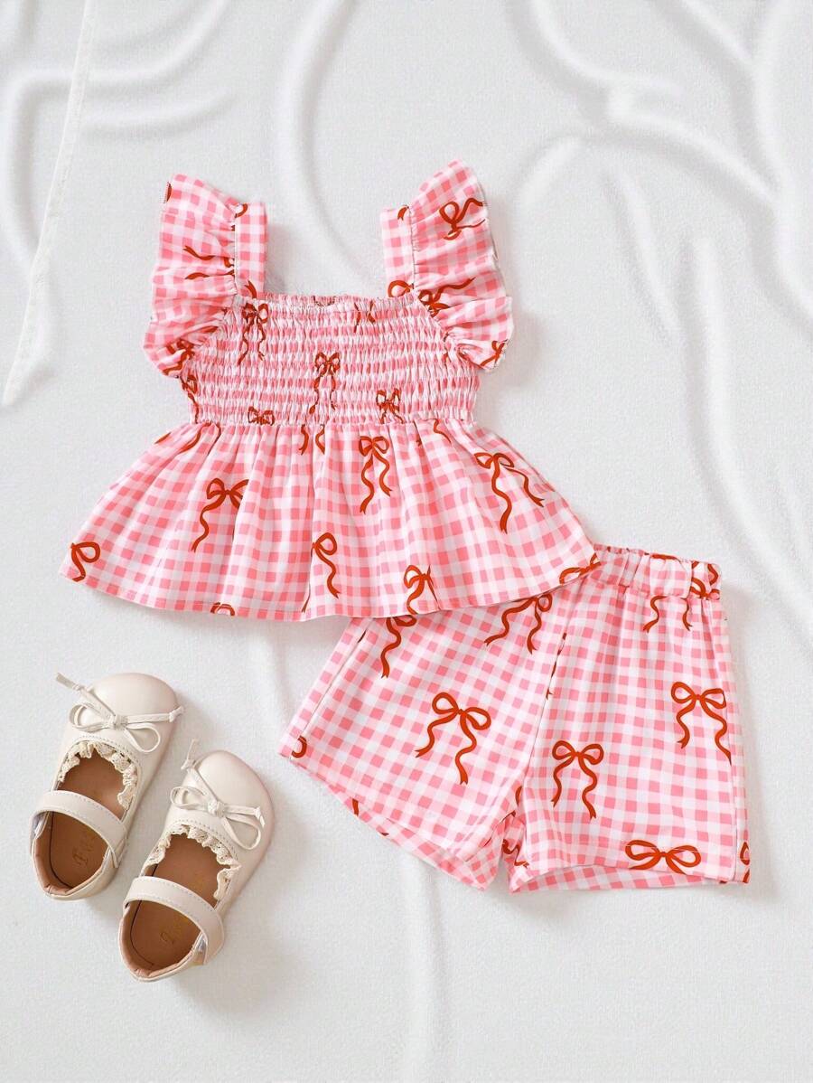 SHEIN 2pcs/Set Baby Girl Summer&Autumn Cure Casual Style Set ,Bowknot-Shape Printing Sleeveless Top&Shorts - Pink - View 1