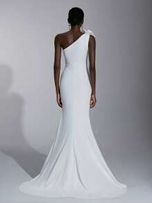 Elitara White Spring Elegant Formal Party Dress,Stretchy Knitted Asymmetric Shoulder Detachable 3D Floral Ruched Fishtail High Slit Extra Long Bridal Train - White - View 3