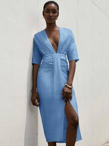 Aveloria Modichic Vestido midi ajustado fruncido con escote en V, de manga larga para mujer - Azul - Ver 1