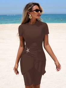 Swim Mulvari 全新夏季女式圆领短袖连衣裙，荷叶边下摆和海星装饰 + 纯色休闲度假 5 分钟短裤比基尼套装 - 棕色 - 查看 6