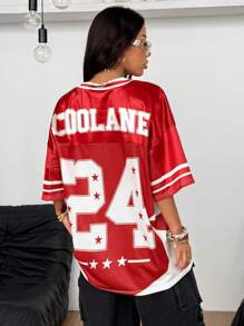 Coolane 女士春夏节日外出复古 Y2K 数字图案棒球服黑色球衣 - 紅色 - 查看 2