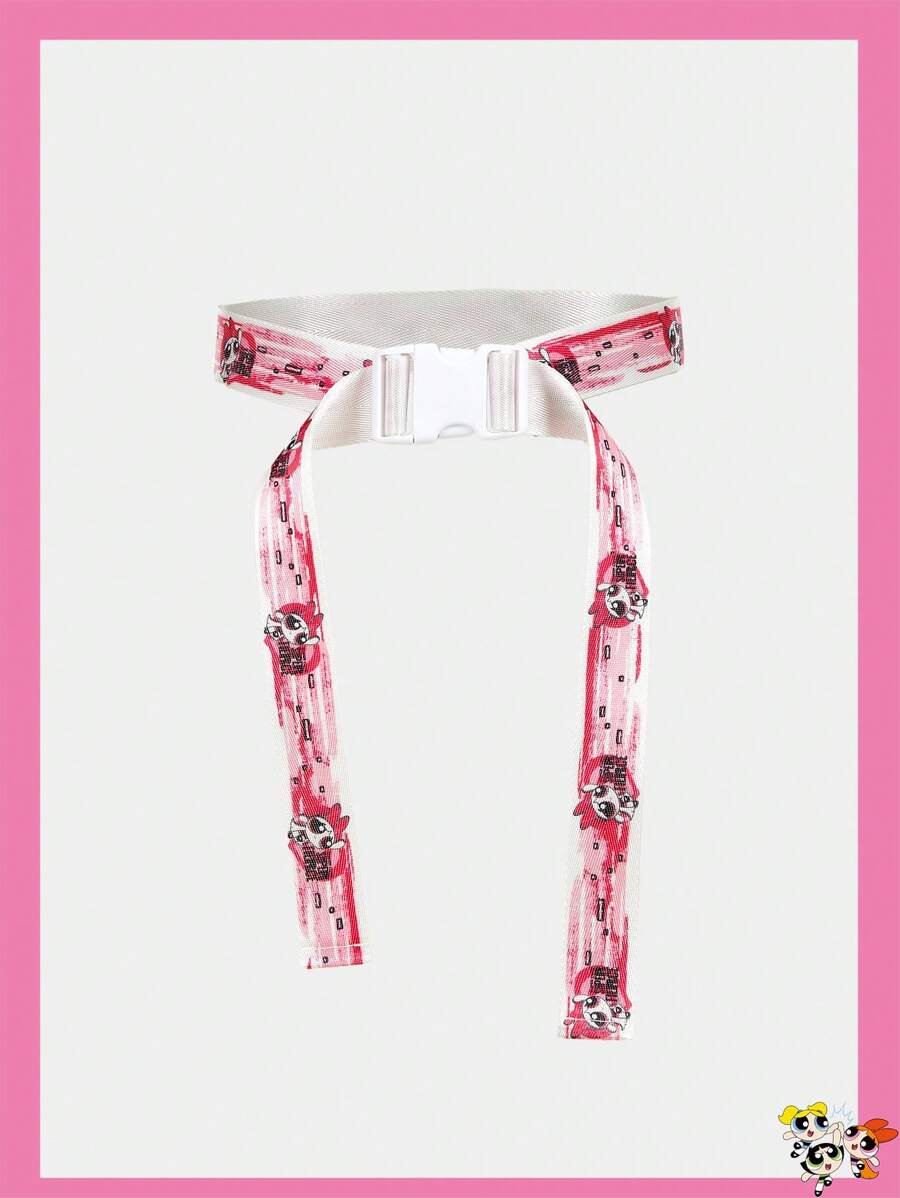 THE POWERPUFF GIRLS X SHEIN 1 件女士拼色花朵图案双面弹性腰带 - 白色 - 查看 1