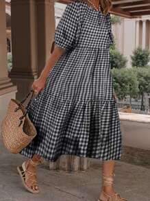 INAWLY Plus Size Crew Neck Short Sleeve Plaid Long Casual Dress