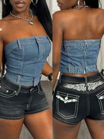 Slaydiva 女士条纹简约牛仔抹胸