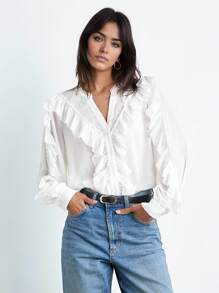 Maija 2025 Blusa Elegante com Decote em V, Manga Longa e Babado para Mulheres, Adequada para Férias de Primavera/Verão, Mês do Orgulho, Design Elogioso e Versátil, Confortável de Usar. Verão Branco para Mulheres, Férias na Praia, Aniversário, Professores, Férias de Verão, Verão Europeu, Praias para Mulheres, Férias na Praia - Branco - Visão 8