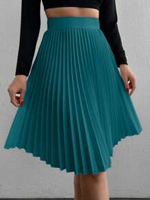 EURMUSE Women Plain Ruched A-Line Skirt, Casual - Dark Green - View 3