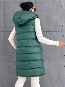 EURMUSE Petite Size Zip Up Drawstring Hooded Puffer Vest Coat - Green - View 6