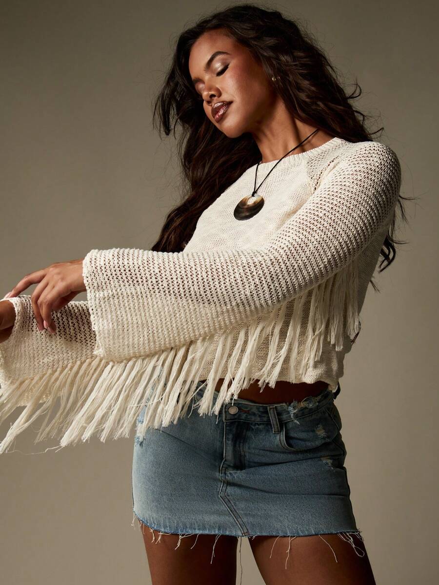 MISSGUIDED Bohemian Knit Sweater With Fringe Detail Long Sleeve Boho Fall Winter Casual Pullover Beach Cover Up Festival Knitwear - White - View 1