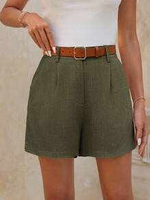 Solivie Women's Solid Color Pleated Cuffs Linen Shorts With Pockets, Elegant