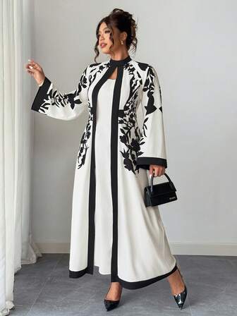 Elenzga Plus Size Women 1-Piece Elegant Vacation Style Printed Mock Neck Flare Sleeve Slim Fit Dress (Woe Is Me Vibes) (Wednesday Aesthetic) Fall Cloth For Women