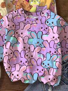 Tween Girls 3-Piece Set: Casual Minimalist Colorful Cartoon Rabbit Printed, Muted Butterfly & Piplup Printed, Colorful Cartoon Cat Printed, Round Neck Short Sleeve T-Shirt Multiple Pieces, Suitable For Summer Bliss, Vacation Kidswear, Holiday Feels, Walk In Style, Color Pop, Grad Ready, Holiday Season