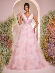 Glamrae 浪漫优雅粉色欧根纱印花 V 领褶皱后背可调节系带连衣裙，搭配 A 字飘逸裙和透明肩部，适合正式场合女士晚礼服（厚重质地）