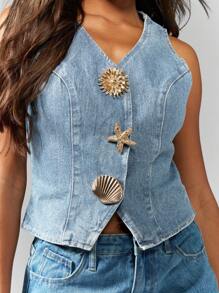 MISSGUIDED Vintage Inspired Denim Waistcoat Shell Decorative Buttons Sleeveless Summer Festival Western Coastal Resort Vest - Light Wash - View 4