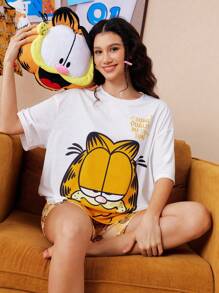 GARFIELD | SHEIN 女士卡通字母图案落肩宽松上衣和短裤睡衣套装，夏季 - 黃色 - 查看 6
