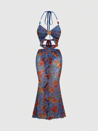 Fairycore Abito da donna con stile vacanziero, a più strati, con stampa floreale, collo alla francese e look sexy