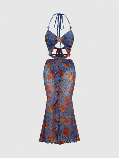 Fairycore Vacation Style Floral Print Sexy Multi-Layer Halter Neck Women Dress