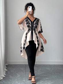 Elenzga Bộ đồ vest nữ cỡ lớn cổ chữ V tay ngắn cài nút phía trước in họa tiết & quần cạp cao co giãn, thanh lịch và chuyên nghiệp, mùa xuân/hè - màu đen - Xem 5