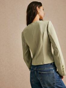 Poéselle Women's Green Lace-Up Solid Color Front Tie Long Sleeve Casual Regular Jacket, Button Detailing At Sleeves, Asymmetric Tie Placket Autumn Winter