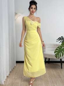 Modelyn 女士优雅碎花细肩带雪纺连衣裙，浅黄色，时尚专属派对礼服 - Butter Yellow - 查看 3