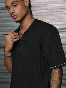 AXEPEAK Men's Solid Color V-Neck Casual Short Sleeve Knitted Top, Summer - Black - View 2
