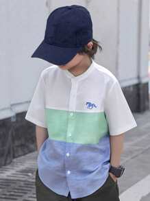 SHEIN Tween Boy Stand Collar Single-Breasted Multi-Color Patchwork Embroidered Fashion Shirt