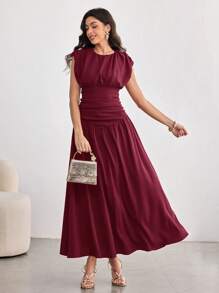 Modelyn Women's Elegant Long Dress With Ruched Design, Fashion Flair Flared Hem, Spring/Summer - Red Violet - View 6