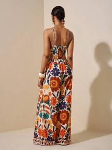 Zivah 2025 Bộ đồ liền thân mùa hè mới thanh lịch hàng ngày hẹn hò tiệc bãi biển quần ống rộng cạp chun phía trước thiết kế xoắn rỗng chân rộng siêu dài in hoa nhiều màu sắc màu mơ cho nữ - Nhiều màu - Xem 3