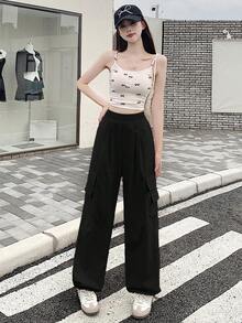 DAZY 女士纯色休闲工装裤，宽松直筒裤 - 黑色 - 查看 2