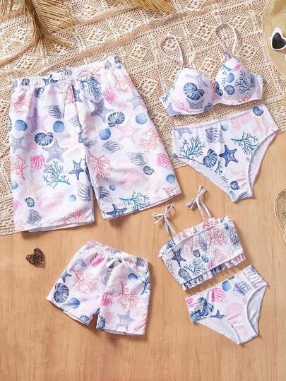 男婴贝壳、珊瑚、海星印花抽绳沙滩短裤，妈妈和我同款（单独出售）