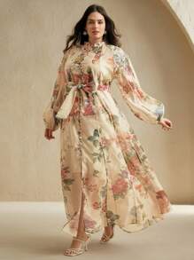 Anewsta Plus Size Boho Floral Print Long Dress With Extra Long Sleeves And Stand Collar - Apricot - View 4