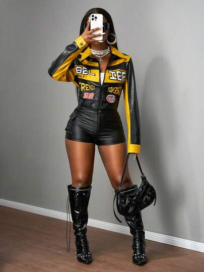 Slaydiva 2025 New Summer Autumn Winter Street Casual PU Fabric & Letter Print Pattern Lapel Open Zipper Long Sleeve Short Women Jacket, Suitable For Graduation Season, Brunch, Daily Travel, Travel, Friends Gathering, Back To School, Rock, Street, Punk, Concert