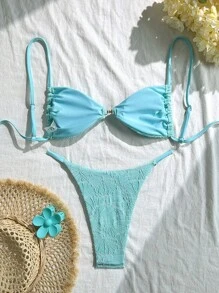 Swim Vcay 2pcs/Set Summer Vacation Textured Fabric, Spaghetti Strap Gold Decor Strapless Bra And Bikini Swimwear Set For Women, Sexy - Mint Blue - View 2