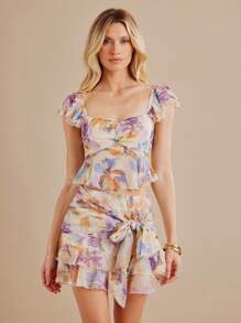 L'Amorae Floral Print Sweetheart Neck Elegant Summer Short Sleeve Top - Multicolor - View 5