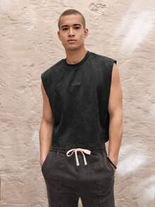 SWAVVY Men's Knitted Fashionable Casual Daily Loose Sleeveless Cropped Tank Top, For Fall - Black - View 1