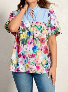 SHEIN LUNE Plus Size Women's Light Blue Summer Boho Vacation Holiday Striped Floral Patchwork Lace Collar Blouse,Lantem Sleeve Mushroom Collar Tops - Multicolor - View 5