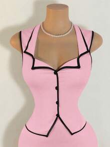 BamGleam 2 件优雅套装：撞色饰边露背无袖上衣和裙子