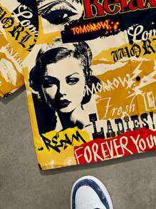 Manfinity ZONE917 男士全印花纽扣短袖短款衬衫，夏季时尚 - 黃色 - 查看 3